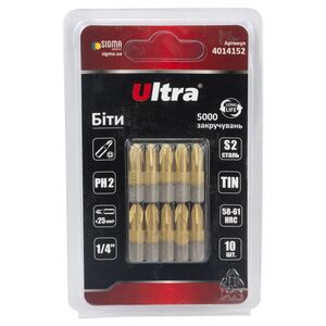 Біти PH2×25мм ¼" 10шт S2 TIN (блістер), ULTRA 4014152