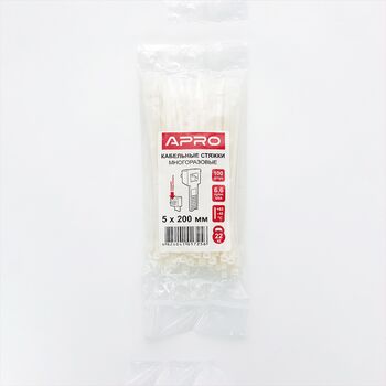 Кабельная стяжка многоразовая 5*200 белая (пач. 100 штук), APRO STM-W5200