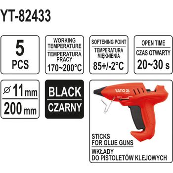 Стержни клеевые черные Ø = 11,2 мм, L = 200 мм, уп. 5 шт., YT-82433 YATO