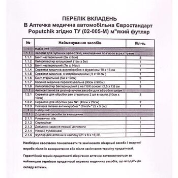 Аптечка медицинская автомобильная "Евростандарт" согласно ТУ(02-005-М), мягкий футляр (02-005-М)