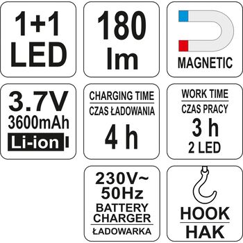 Світильник майстерний акумулятор Li-Ion- 3.7 V, з 2 LED по 180 lm, зарядний пристрій, YT-08502 YATO