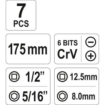 Отвертка реверсивная ударная L = 175, трищатка, 6 насадок, CrV, YT-28003 YATO