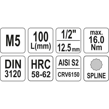 Головка торцевая квадрату 1/2 "с насадкой" SPLINE "удлиненная M5, L = 100 мм, YT-04350 YATO