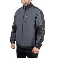 Куртка SOFTSHELL темносеро-черная, трехслойная, ткань стрейч SOFTSHEL 300 GSM 100D с водо и ветро защитой, 96 % полиэстр и 4 % эластан, размер М, SP-3132 INTERTOOL