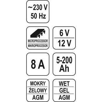Зарядний прилад 6/12 V, 8 А, 5-200 Ah, YT-8301 YATO