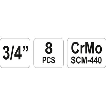 Набор головок торцевых ударных квадрат 3/4 ", M = 22-41мм, L = 50-53-55-57 мм, 8 шт., YT-1115 YATO