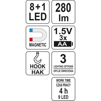 Ліхтар LED на батарейки 3Х АА, 8 + 1 діод , гак + магніт , 3 режими світла, YT-08513 YATO
