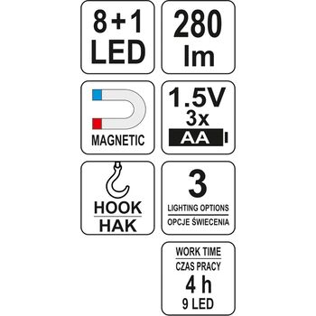 Фонарь LED на батарейки 3Х АА, 8 + 1 диод, крюк + магнит, 3 режима света, YT-08513 YATO