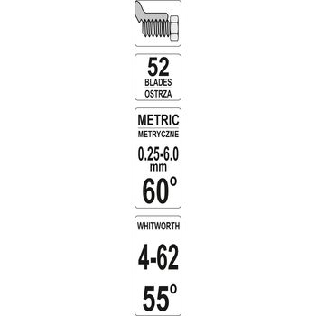Різьбомір метричний 60° і WHITWORTH 55° з 52 шаблонами в діапазоні 0,25- 6,0 мм і 4-62, YT-29984 YATO