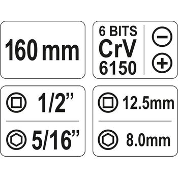 Викрутка реверсивна ударна квадрат 1/2", 7 насадок. 5/16" СrV, YT-2802 YATO