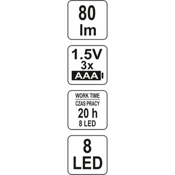 Ліхтар LED на батарейки 3Х ААА з 8 діодами , магніт + кліпса, YT-08514 YATO