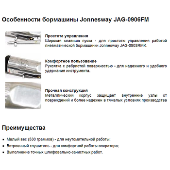 Бормашинка пневматическая патрон 6 мм, 20000 об/мин, 143 л/м, JAG-0906FM JONNESWAY