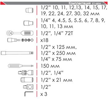 Профессиональный набор инструмента 1/2" & 1/4", 56ед (ET-6056 Intertool)