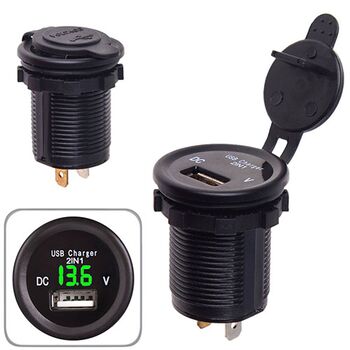 Автомобильное зарядное устройство 1 USB 12-24V врезное в планку + вольтметр (10248 USB-12-24V 2,1A GRE)
