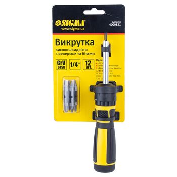 Викрутка з реверсом високошвидкісна + біти 12шт CrV Mega, SIGMA 4009821