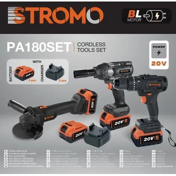 Набор аккумуляторного инструмента STROMO PA180SET (КШМ, Гайковерт, Шуруповерт, 3 АКБ 4А, 2 З/П) бесщеточный