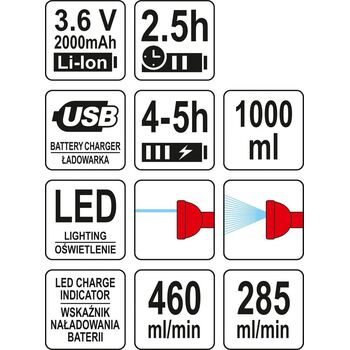Опрыскиватель аккумуляторный Li-Ion 3.6 В 2 Ач, бачок- 1 л, режим продуктивности- 285/460 мл / мин, YT-86200 YATO