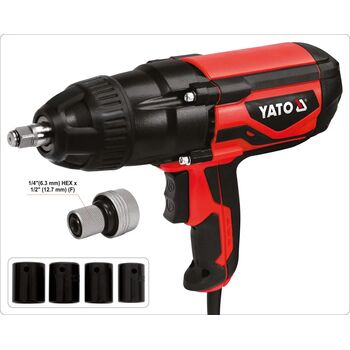 Гайковерт ударный сетевой 1/4 "HEX x 1/2" F, 1020 Вт, 600 Нм, 2600 об / мин + 4 головки и кейс, YT-82021 YATO