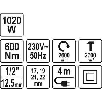 Гайковерт ударный сетевой 1/4 "HEX x 1/2" F, 1020 Вт, 600 Нм, 2600 об / мин + 4 головки и кейс, YT-82021 YATO