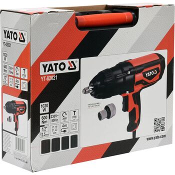 Гайковерт ударный сетевой 1/4 "HEX x 1/2" F, 1020 Вт, 600 Нм, 2600 об / мин + 4 головки и кейс, YT-82021 YATO