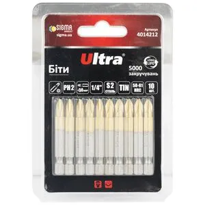 Биты PH2×50мм ¼" 10шт S2 TIN (блистер), ULTRA 4014212