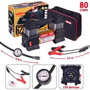 Компресор" VOIN" VP-620 150psi / 28Amp / 80л / клеми / ліхтар / 2 циліндра