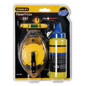 Шнур для разметки "PowerWinder", в комплекте, 30м, меловой порошок 45г Подвесной уровень, 0-47-465 STANLEY