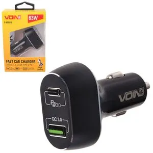 Автомобильное зарядное устройство VOIN 63W, 1USB QC3.0 18W + 1PD 45W, 12/24V (C-63202Q)