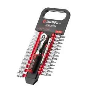 Набор головок 1/4" 4-14 мм., TORX, PH, HEX, FD, удлинитель, рукоятка с храповым механизмом 72 зуба, 28ед., Cr-V STORM, ET-8018 INTERTOOL