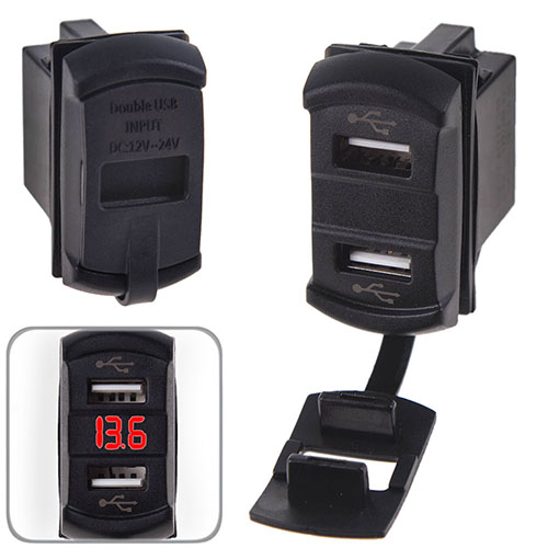 Автомобильное зарядное устройство 2 USB 12-24V врезное + вольтметр (10
